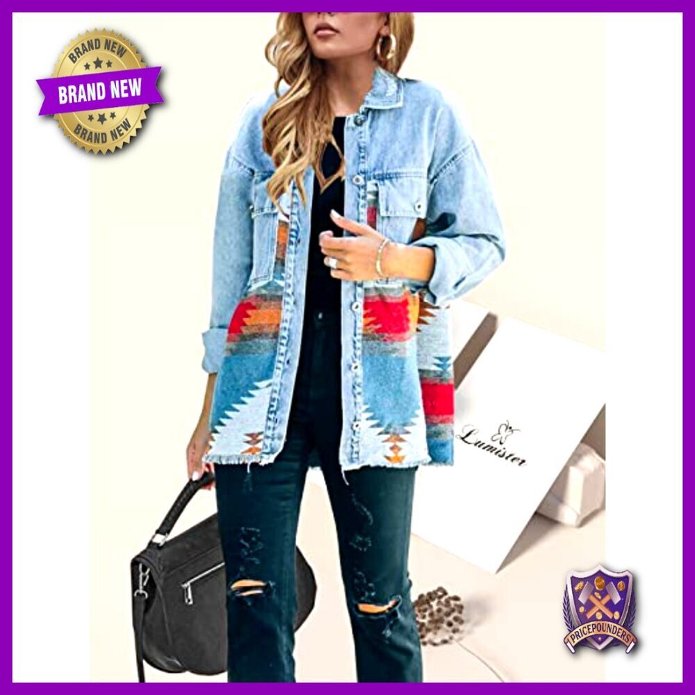 Vintage Denim Jacket Distressed Lapel Long Sleeve Button Down Shacket Boho Chic - Picture 2 of 7